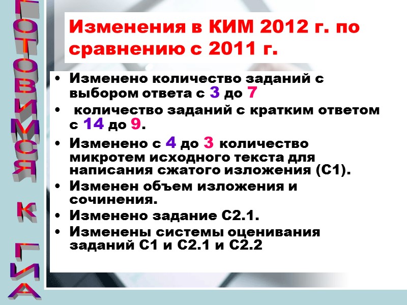 Изменения в КИМ 2012 г. по сравнению с 2011 г. Изменено количество заданий с